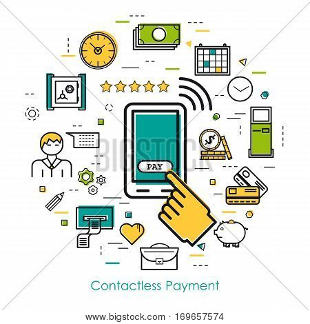 Vector round concept of Contactless Payment or new technology of banking system in thin line style. Mobile phone with hand and button pay banknotes and coins businessman device and others icons