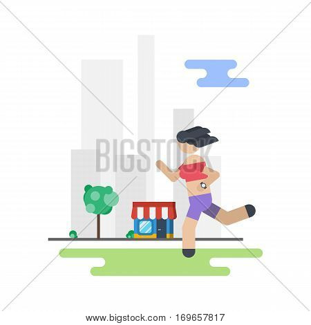 Vector running sport woman at morning in the city. Skyscrapers shop and green trees. Illustration in flat style