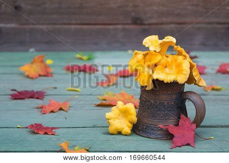 Raw chanterelles in the cup with leaves on the wooden background