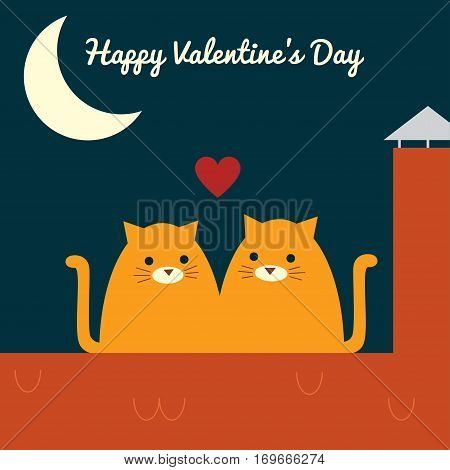 Vector retro styled illustration of a couple of ginger cats sitting on a roof near a chimney. Half moon in a night sky. Square format. Text 