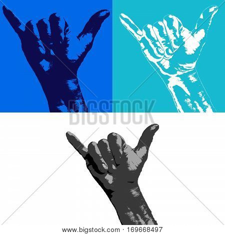 Set of four hand sign depicting international surfers.