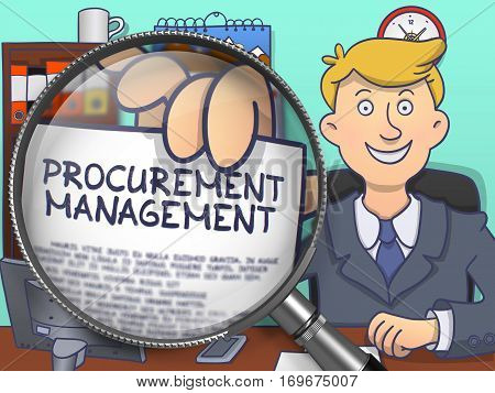 Procurement Management. Handsome Business Man Sitting in Offiice and Shows Paper with Concept through Lens. Colored Doodle Illustration.