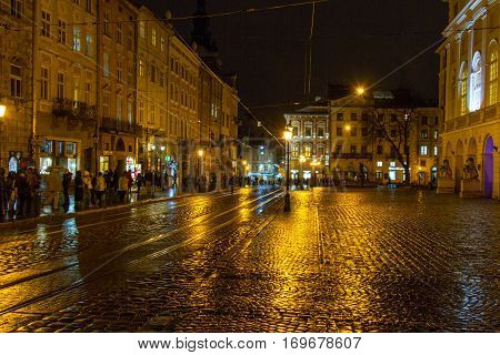 Night Rynok square in Lviv (Ukraine). February 2016