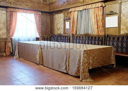 Interior of a cafe in a wooden house