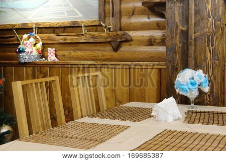 Interior of a cafe in a wooden house