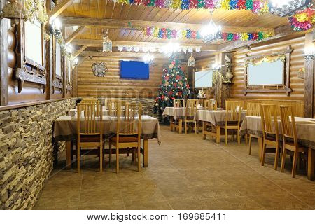 Interior of a cafe in a wooden house