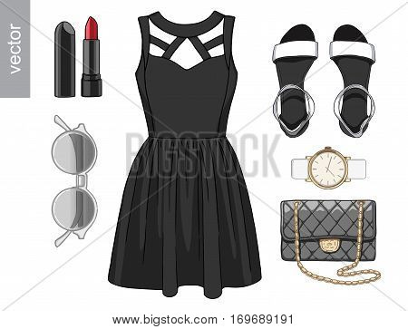 Lady fashion set of spring, summer season outfit. Illustration stylish and trendy clothing. Dress, bag, accessories, sunglasses, high heel shoes. Vector.