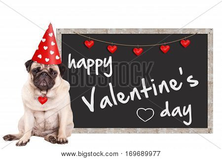 grumpy cute pug puppy dog wearing party hat with hearts sitting next to blackboard sign with text happy valentine's day on white background