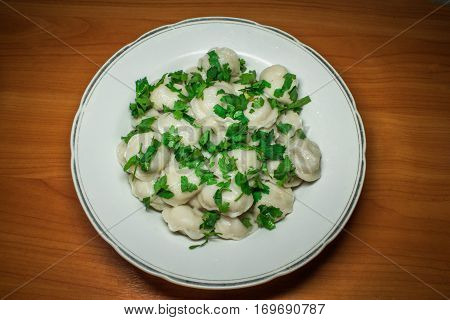 Boiled prepared homemade russian dumplings or pelmeni with beef meat on the white plate with fresh parsley and black pepper.