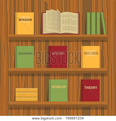 Set of new flat colorful books and tutorials on a bookshelf and one open book. Classbooks and textbooks icons on wood texture. Education symbol logo. Illustration vector art.