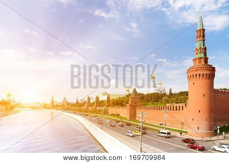 Kremlyovskaya embankment in Moscow with sunlight effect