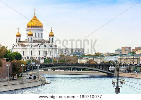 View from the river to the Cathedral of Christ the Saviour in Moscow