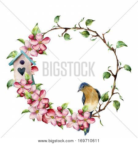 Watercolor wreath with tree branches, apple blossom, bird and birdhouse. Hand painted floral illustration isolated on white background. Spring elements for design