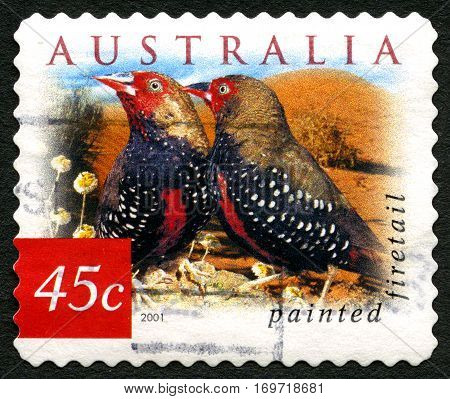 AUSTRALIA - CIRCA 2003: A used postage stamp from Australia depicting an image of two Painted Firetails also known as Painted Finches circa 2003.