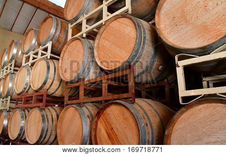 San Luis Obispo USA - july 15 2016 : barrel in the cellar of the Claiborne and Churchhill winery