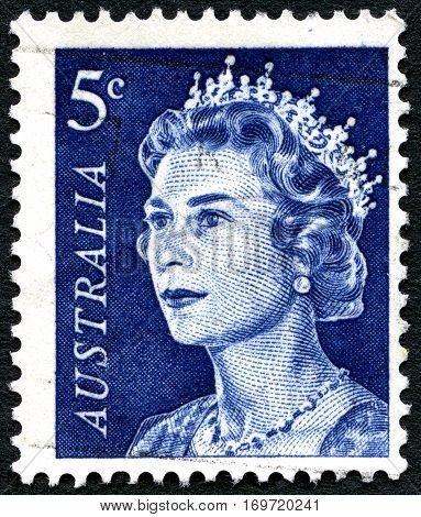 AUSTRALIA - CIRCA 1970: A used 5 cent postage stamp from Australia depicting a portrait of Queen Elizabeth II circa 1970.