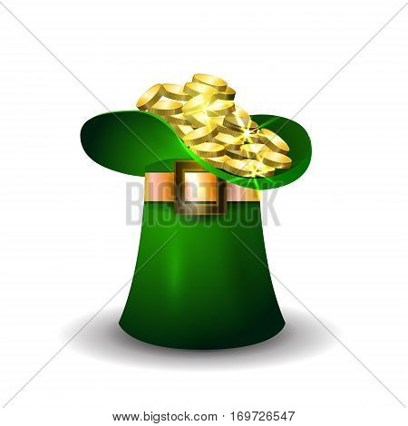 St Patricks day green hat of a leprechaun filled up with gold coins