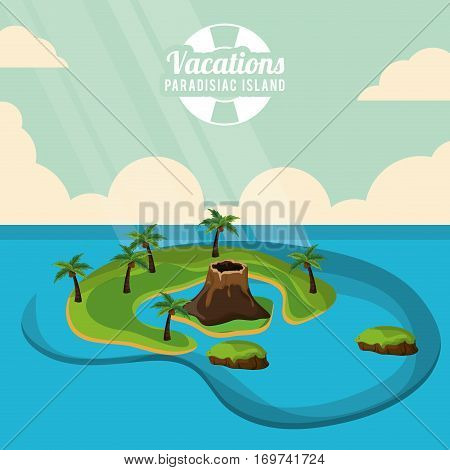volcano island palm trees vacations paradisiac island poster vector illustration
