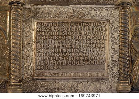 ZAGREB, CROATIA - APRIL 13: Bass relief with images from the life of St. Simeon, Saint Simeons chest at the atrium of Croatian Academy of Sciences and Arts in Zagreb, on April 13, 2016.