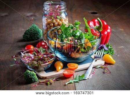 Chickpea and veggies salad with micro greens healthy homemade vegan food vegetarian diet vitamin snack