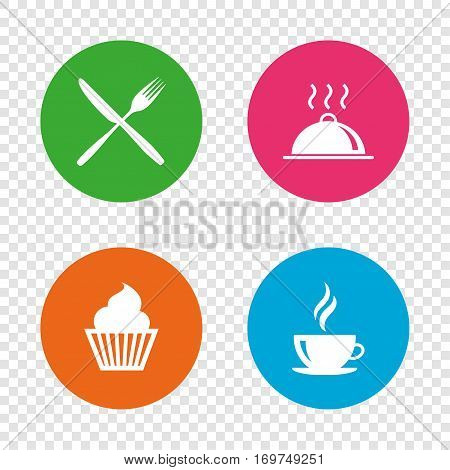 Food and drink icons. Muffin cupcake symbol. Fork and knife sign. Hot coffee cup. Food platter serving. Round buttons on transparent background. Vector