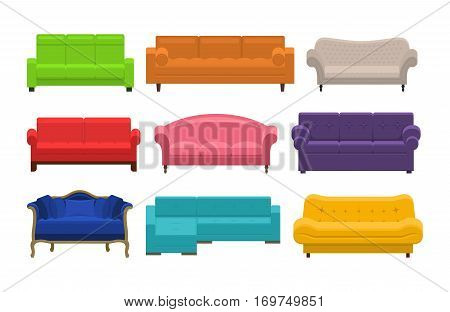 Set of colorful sofa. Icon collection of furniture for an house interior, living room: classic, modern and vintage couches, settee with soft cushion. Vector flat illustration isolated on white