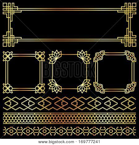 Golden vector asian, korean, chinese, japanese retro frames. Illuustration of golden decor