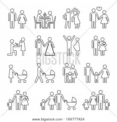 Family vector thin line icons set in black and white. Collection of linear family situation illustration