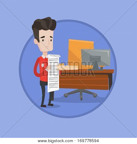 Worried businessman standing with long bill in office. Businessman holding a long bill. Disappointed businessman checking bills. Vector flat design illustration in the circle isolated on background.