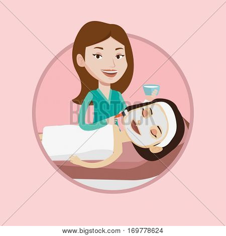Cosmetologist applying cosmetic mask on face of client in beauty salon. Woman lying on table in salon during cosmetology procedure. Vector flat design illustration in the circle isolated on background