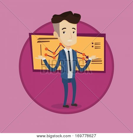 Bancrupt standing on the background of decreasing chart. Bancrupt business man with spread arms. Business bankruptcy concept. Vector flat design illustration in the circle isolated on background.