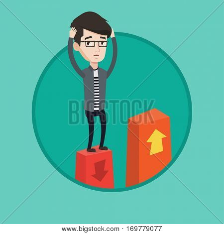 Caucasian frightened bankrupt clutching his head. Young bankrupt standing on chart going down. Concept of business bankruptcy. Vector flat design illustration in the circle isolated on background.