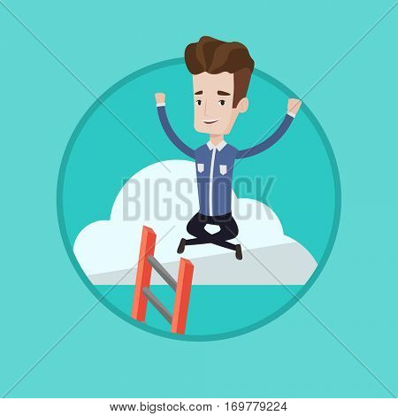 Young happy businessman with rised hands sitting on the cloud with ledder. Successful caucasian businessman relaxing on the cloud. Vector flat design illustration in the circle isolated on background.
