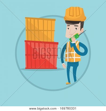 Port worker talking on wireless radio. Port worker standing on cargo containers background. Port worker using wireless radio. Vector flat design illustration in the circle isolated on background.