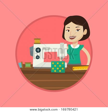 Seamstress working in a cloth factory. Seamstress sewing on industrial sewing machine. Seamstress using sewing machine at workshop. Vector flat design illustration in the circle isolated on background