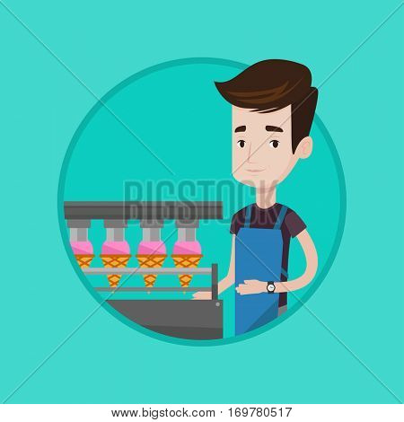 Caucasian worker of ice cream manufacture. Worker of factory producing ice-cream. Man working on production line of ice cream. Vector flat design illustration in the circle isolated on background.