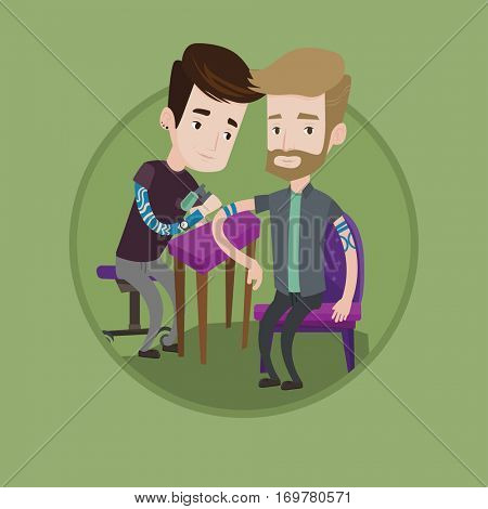 Caucasian tattooist makes tattoo on the hand of young hipster man. Tattooist makes a tattoo. Professional tattoo artist at work. Vector flat design illustration in the circle isolated on background.