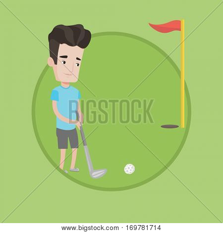 Young golfer hitting the ball in the hole with red flag. Professional golfer on golf course. Young caucasian golfer playing golf. Vector flat design illustration in the circle isolated on background.