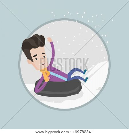 Young caucasian man having fun while sledding on snow rubber tube. Man riding on snow rubber tube. Man sitting in snow rubber tube. Vector flat design illustration in the circle isolated on background
