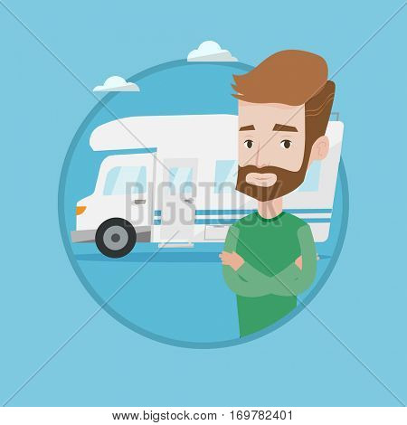 Hipster man with beard standing in front of motor home. Young caucasian man with arms crossed enjoying his vacation in motor home. Vector flat design illustration in the circle isolated on background.