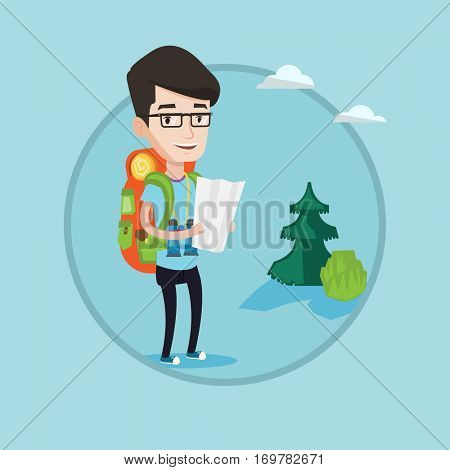 Traveler with backpack and binoculars looking at map. Traveler exploring the map. Traveler searching right direction on a map. Vector flat design illustration in the circle isolated on background.