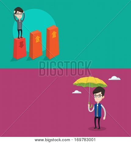 Two business banners with space for text. Vector flat design. Horizontal layout. Frightened bankrupt clutching his head. Young bankrupt standing on chart going down. Concept of business bankruptcy.