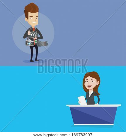 Two media banners with space for text. Vector flat design. Horizontal layout. Television anchorwoman reporting tv news at studio. Caucasian television announcer at studio during live broadcasting.