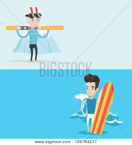 Two sport banners with space for text. Vector flat design. Horizontal layout. Man carrying skis. Man standing with skis on his shoulders on the background of snow capped mountain. Young man skiing.