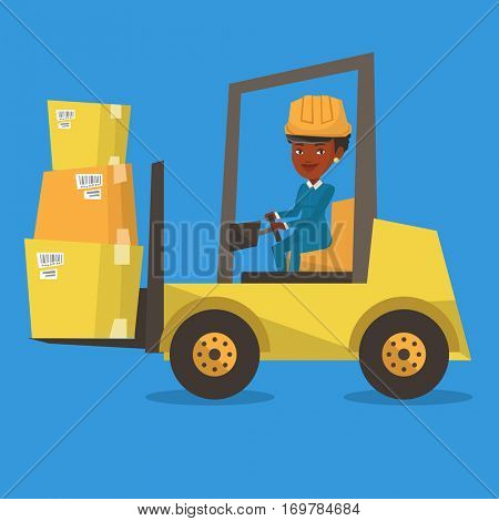 An african warehouse worker loading cardboard boxes. Forklift driver at work in storehouse. Warehouse worker in hard hat driving forklift at warehouse. Vector flat design illustration. Square layout.