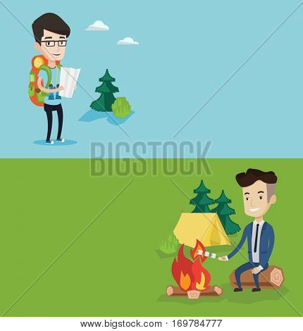 Two travel banners with space for text. Vector flat design. Horizontal layout. Businessman sitting on a log near campfire and roasting marshmallow over campfire on the background of camping site.