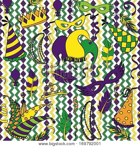 Mardi Gras seamless pattern. Colorful background with carnival mask and hats, jester s hat, crowns, fleur de lis, feathers and ribbons. Vector illustration