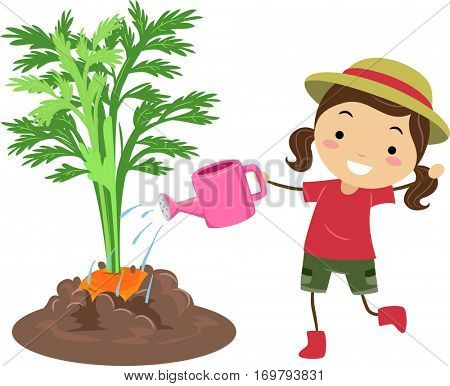 Illustration of a Little Girl in a Hat Happily Watering Her Growing Carrots