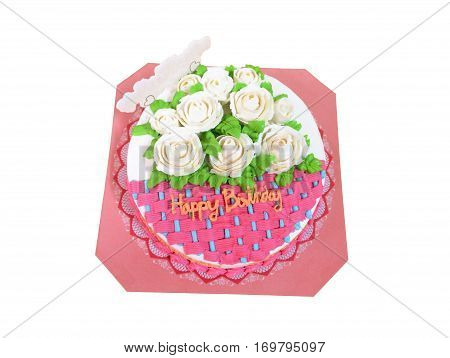 Creative pink cake with white roses isolated.Happy birthday (HBD) celebration