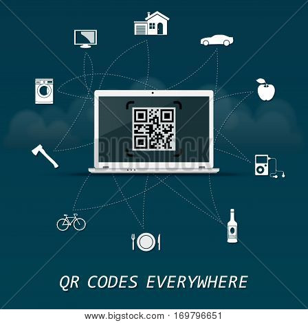 QR Codes everywhere - quick response codes business infographic template with laptop in the center